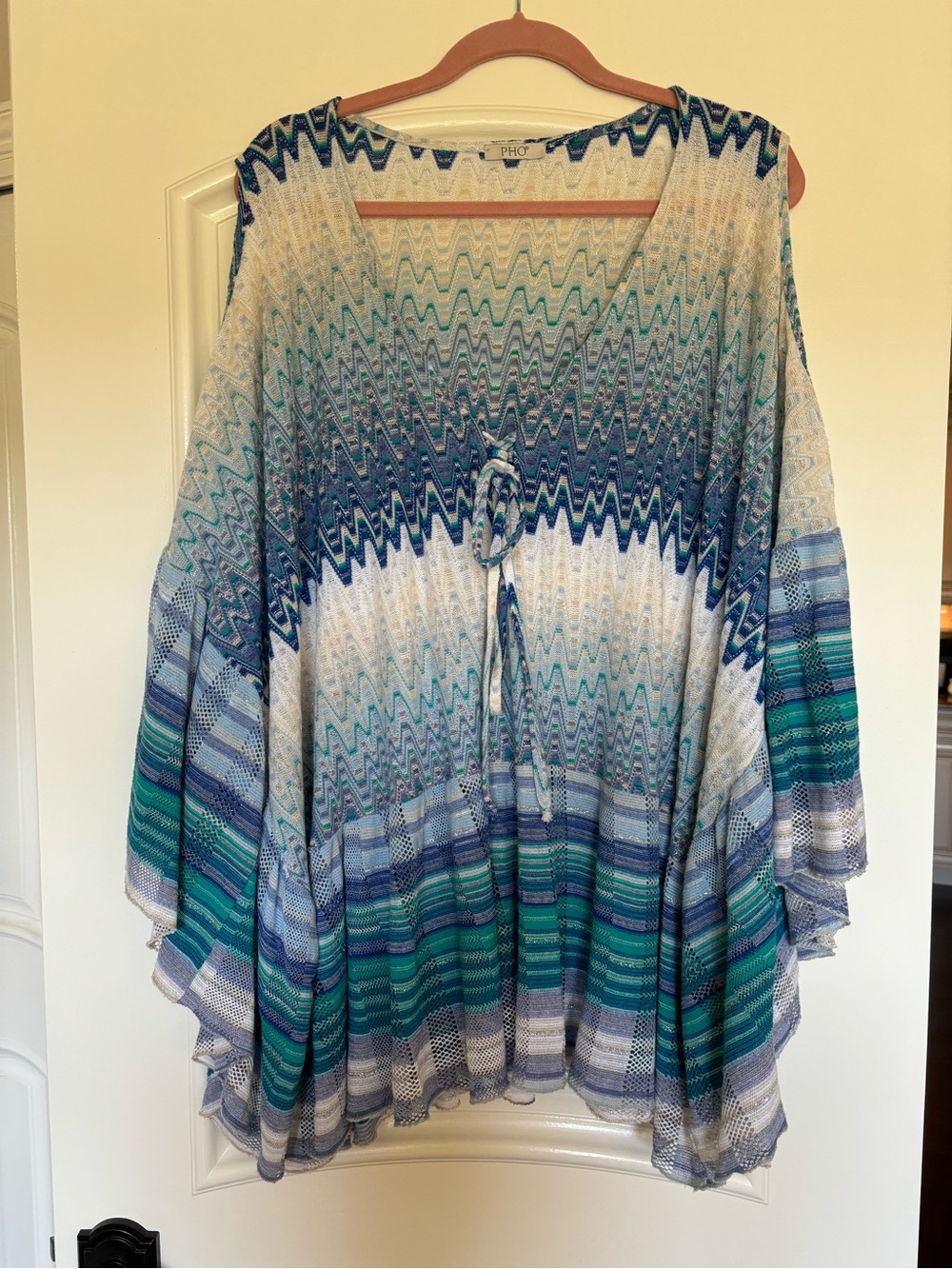 Open-Knit Tie-Front Tunic in White and Blue-Green- Missoni inspired.